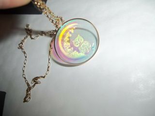 Vintage 9ct Gold Rimmed Owl On Moon Hologram Pendant On A 22 " Chain
