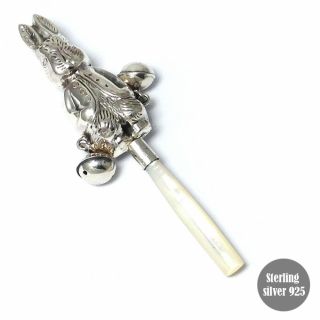 Babies Rattle Peter Rabbit Vintage Style Silver 925 With Mother Of Pearl Handle