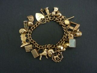 Vintage 9ct Gold Charm Bracelet With Many Unusual Opening/moving Charms 56gms