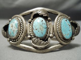 Important Vintage Navajo Ivanhoe Turquoise Sterling Silver Leaf Bracelet Old