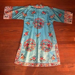 Vintage Chinese Light Blue Silk Embroidered Robe Cheongsam Size Medium 2