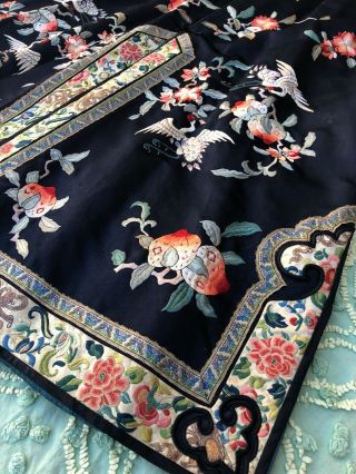 Fine Antique Chinese Blue Silk Embroidered Robe Crane Roundels Forbidden Stitch 10
