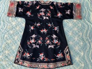 Fine Antique Chinese Blue Silk Embroidered Robe Crane Roundels Forbidden Stitch 11