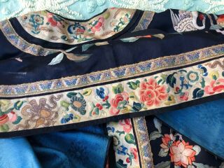 Fine Antique Chinese Blue Silk Embroidered Robe Crane Roundels Forbidden Stitch 12