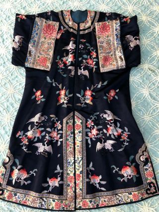 Fine Antique Chinese Blue Silk Embroidered Robe Crane Roundels Forbidden Stitch
