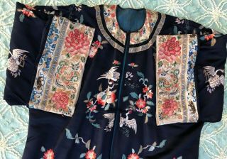 Fine Antique Chinese Blue Silk Embroidered Robe Crane Roundels Forbidden Stitch 2