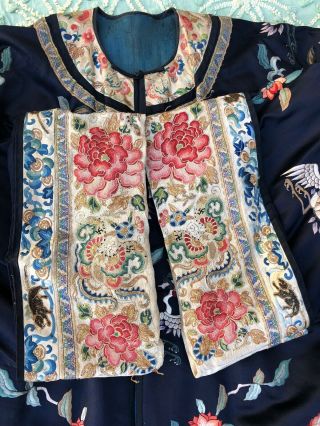 Fine Antique Chinese Blue Silk Embroidered Robe Crane Roundels Forbidden Stitch 3