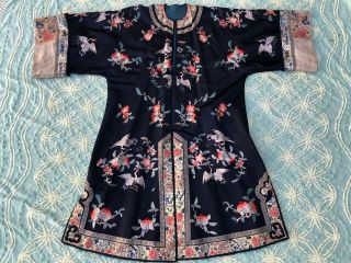 Fine Antique Chinese Blue Silk Embroidered Robe Crane Roundels Forbidden Stitch 4