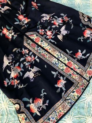 Fine Antique Chinese Blue Silk Embroidered Robe Crane Roundels Forbidden Stitch 5