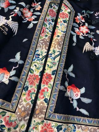 Fine Antique Chinese Blue Silk Embroidered Robe Crane Roundels Forbidden Stitch 6