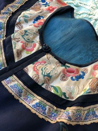 Fine Antique Chinese Blue Silk Embroidered Robe Crane Roundels Forbidden Stitch 7