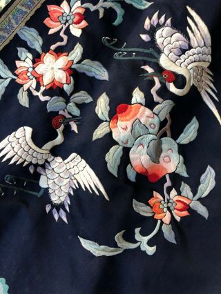 Fine Antique Chinese Blue Silk Embroidered Robe Crane Roundels Forbidden Stitch 8