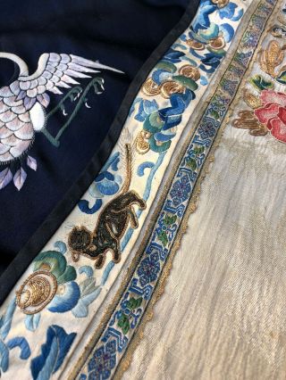 Fine Antique Chinese Blue Silk Embroidered Robe Crane Roundels Forbidden Stitch 9