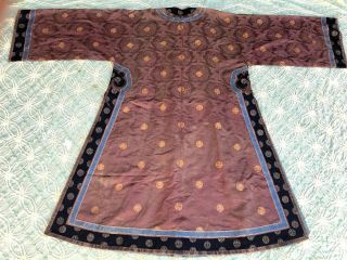 Antique Chinese Brown Silk Damask Dragon Roundel Robe Double Happiness Imperial 11