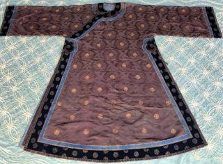 Antique Chinese Brown Silk Damask Dragon Roundel Robe Double Happiness Imperial