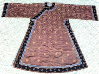 Antique Chinese Brown Silk Damask Dragon Roundel Robe Double Happiness Imperial 2