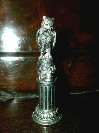 Rare Antique 19 C Solid Silver Masonic Memento Mori Wax Seal,  Owl,  Skull,  Column