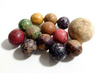Mid - Late 19th C Antique American Glazed Early Clay Marbles,  Shooter,  12 Marbles