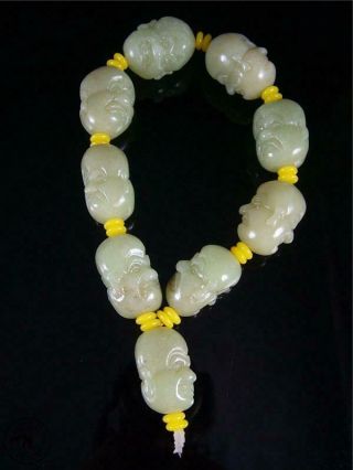 Old Chinese Celadon Nephrite Jade Carved Bracelet Prayer Beads Buddha 