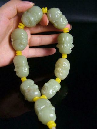 Old Chinese Celadon Nephrite Jade Carved Bracelet Prayer Beads Buddha ' s Head 2
