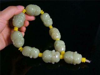 Old Chinese Celadon Nephrite Jade Carved Bracelet Prayer Beads Buddha ' s Head 3