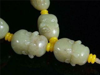 Old Chinese Celadon Nephrite Jade Carved Bracelet Prayer Beads Buddha ' s Head 4