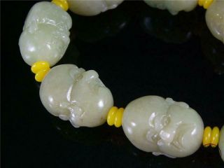 Old Chinese Celadon Nephrite Jade Carved Bracelet Prayer Beads Buddha ' s Head 5