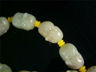 Old Chinese Celadon Nephrite Jade Carved Bracelet Prayer Beads Buddha ' s Head 6
