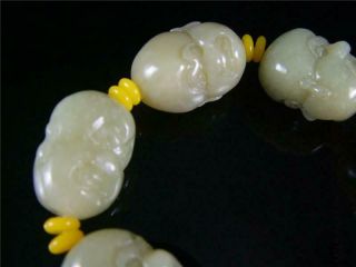 Old Chinese Celadon Nephrite Jade Carved Bracelet Prayer Beads Buddha ' s Head 7