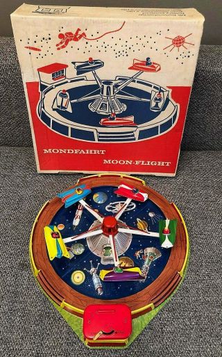 Tin Space Carousel Moon Flight Made In West Germany 50s Top (video)