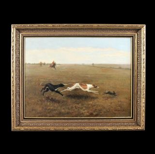 Antique Oil Painting Oil On Canvas,  Hunting Scene Dog (s) Chasing A Rabbit Frame