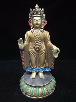 33cm Large 2kg Old Chinese Gilt Bronze Hand Painting " Guanyin " Buddha Statue