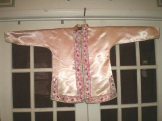 Vintage Chinese Pink Silk Jacket/robe W/embroidered Floral Trim Sz Med