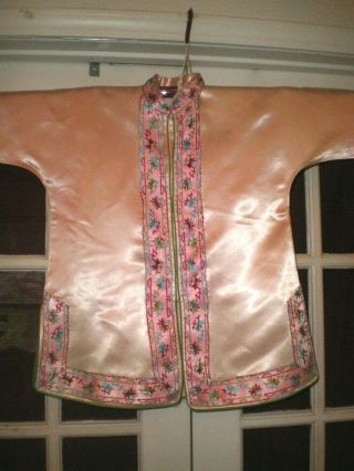 Vintage Chinese Pink Silk Jacket/Robe w/Embroidered Floral Trim Sz Med 2