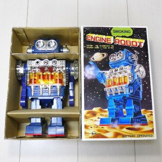Japan Tin Toy Horikawa Limited Smoking Engine Robot Blue Color Box Matic