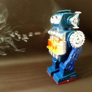 Japan Tin Toy Horikawa Limited Smoking Engine Robot Blue Color Box Matic 8