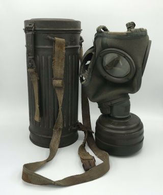 Early Ww2 German Gas Mask Canister Set 1940 Straps Leather Wwii Army