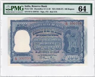 India 100 Rupees 1949 - 57 P - 42b Red S/n Pmg Choice Unc 64.  Rare
