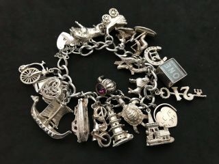 Vintage Sterling Silver Charm Bracelet with 21 Silver Charms.  82 grams 3