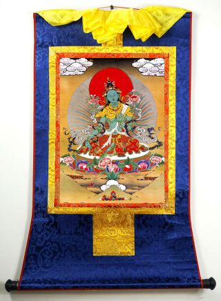 32” Tibet Buddhism Thangka Green Tara Buddha On Silk Brocade Wood Scroll Printed