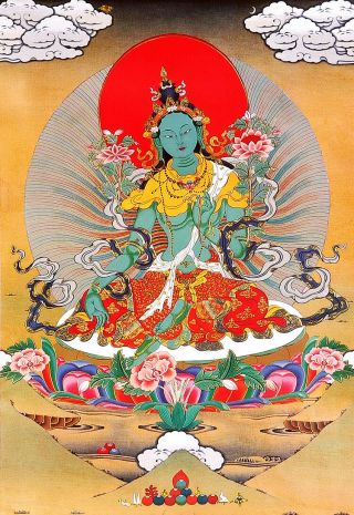32” Tibet Buddhism Thangka Green Tara Buddha on Silk Brocade Wood Scroll Printed 2