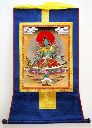32” Tibet Buddhism Thangka Green Tara Buddha on Silk Brocade Wood Scroll Printed 3