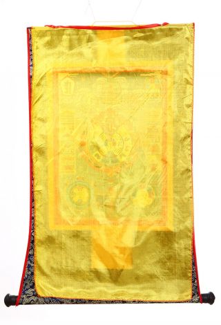 32” Tibet Buddhism Thangka Green Tara Buddha on Silk Brocade Wood Scroll Printed 4