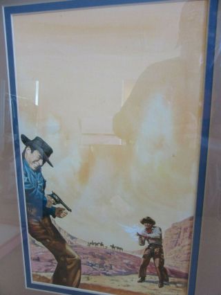Vintage Valerie Coe Watercolor Painting Framed Cowboy Fight Shootout