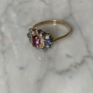 Vintage Diamond & Pink & Blue Gemstone Cluster Ring 9ct Gold Pretty Dress Ring 10