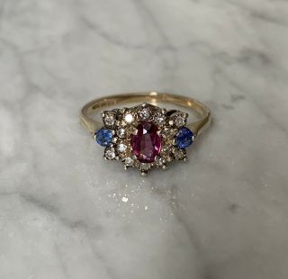 Vintage Diamond & Pink & Blue Gemstone Cluster Ring 9ct Gold Pretty Dress Ring