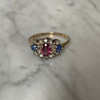 Vintage Diamond & Pink & Blue Gemstone Cluster Ring 9ct Gold Pretty Dress Ring 4