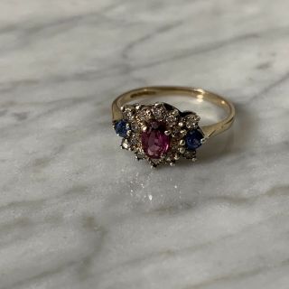 Vintage Diamond & Pink & Blue Gemstone Cluster Ring 9ct Gold Pretty Dress Ring 5