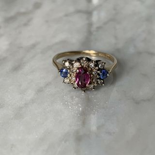 Vintage Diamond & Pink & Blue Gemstone Cluster Ring 9ct Gold Pretty Dress Ring 9
