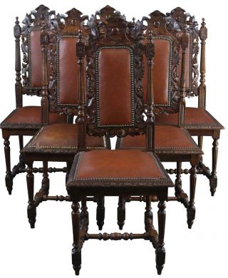 Dining Chairs Hunting Set 6 Antique French 1900 Carved Oak Vinyl Upholstery